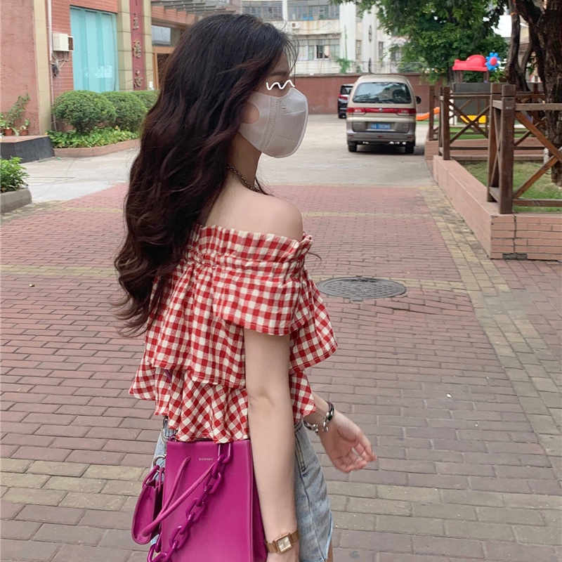 Áo Kiểu Tay Ngắn Trễ Vai Họa Tiết Sọc Caro Thời Trang Mùa Hè Trẻ Trung Năng Động