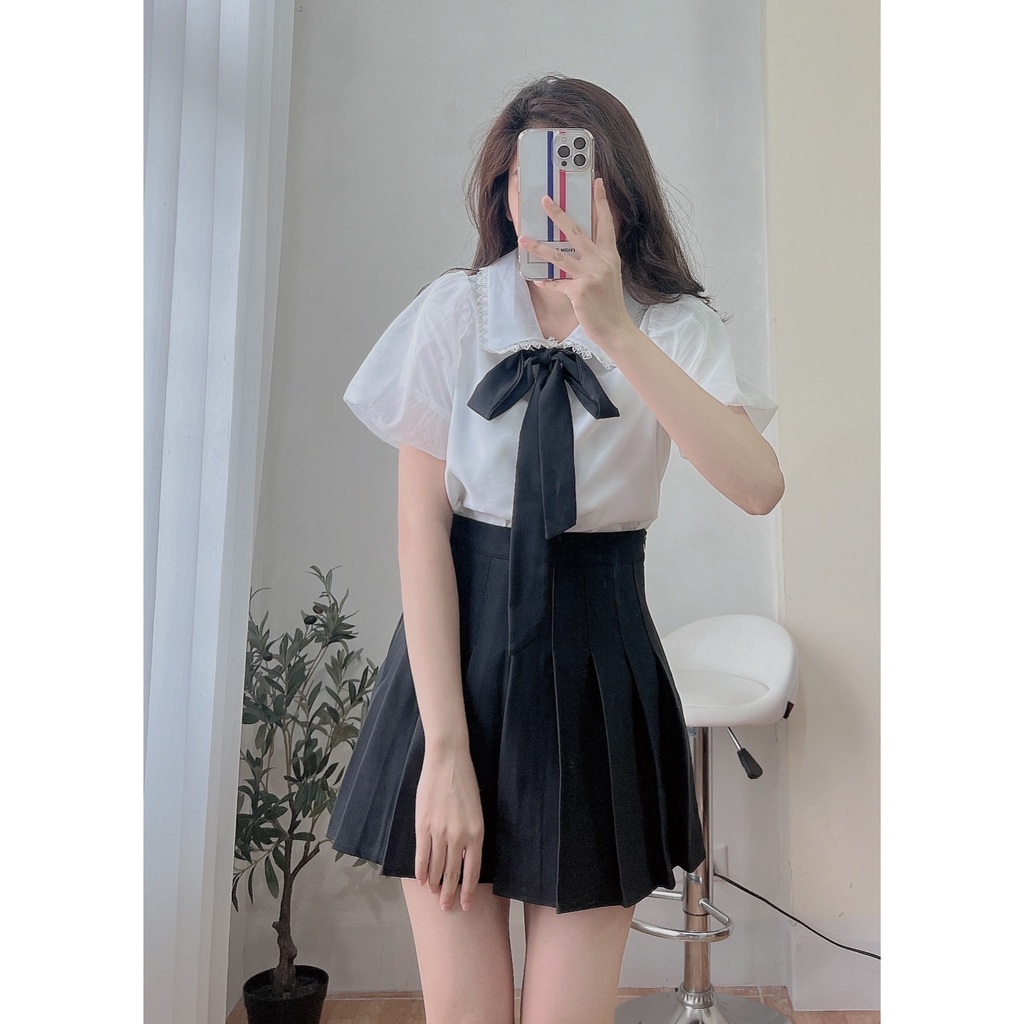 Áo sơ mi cộc tay nữ Hàn Quốc dáng Babydoll - áo nữ tay bồng có buộc nơ lonakeng shop A8504