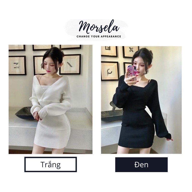 Đầm yếm body thun gân len phối kiểu cổ yếm tay dài