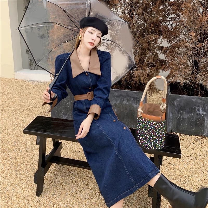 Váy jean xuông dài kèm thắt lưng da Hàn Quốc