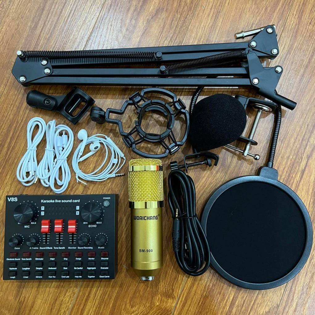 Combo Soundcard V8S Bluetooth NC V8 Mic Karaoke Livetream BM 900, Có AutoTune Chuẩn Phòng Thu Tai nghe ok lắm chân màng