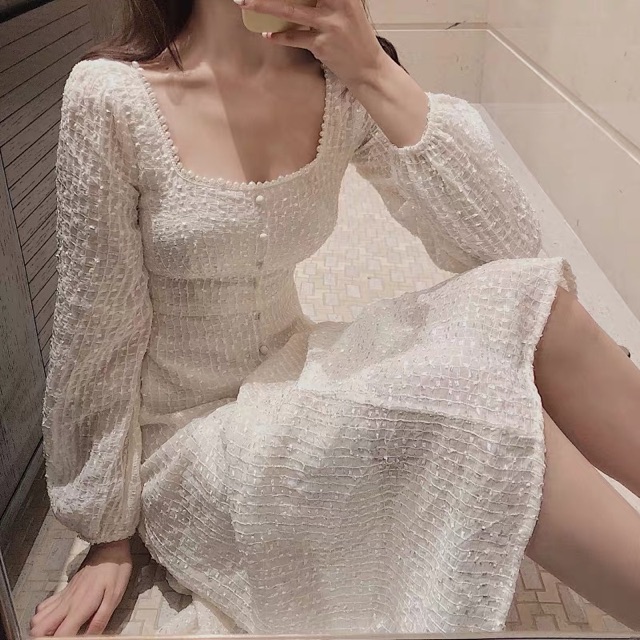 (ẢNH THẬT)(Sẵn) Váy cổ vuông đính hạt tiểu thư dáng dài | BigBuy360 - bigbuy360.vn