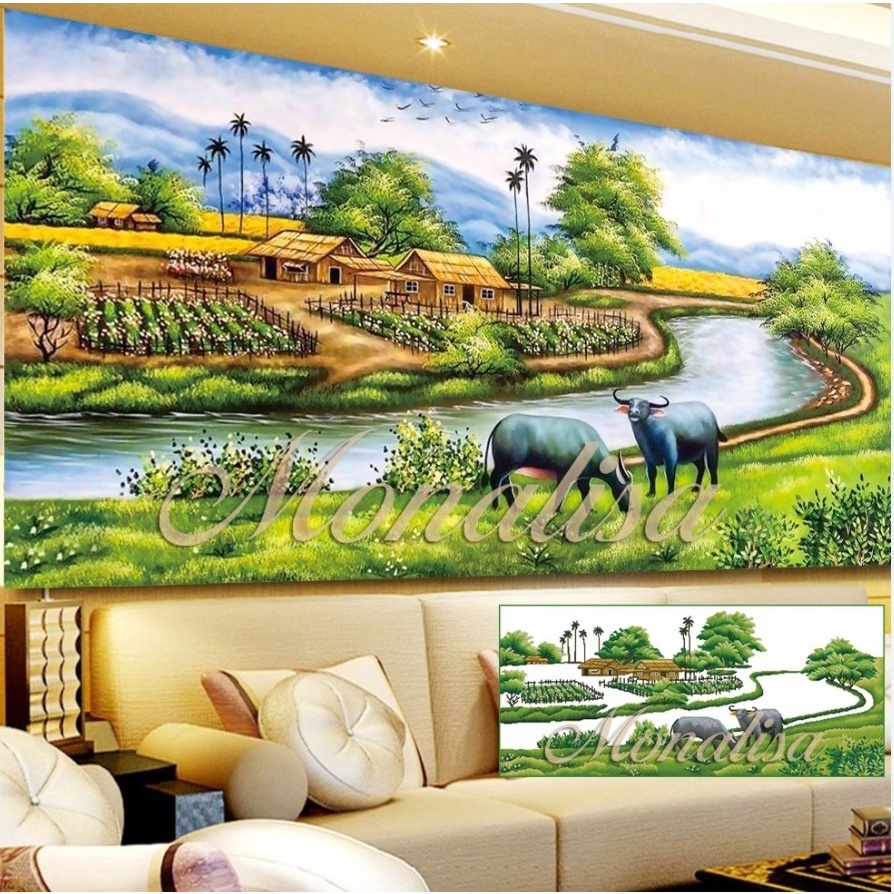 Tranh đính đá đồng quê Kt:120x60cm,tranh gắn đá chưa gắn.