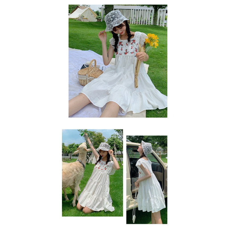 Plus size  Big size Large size  Large women's summer fat mm French lace patchwork loose and thin dress M L XL XXL retro Embroidery Flower