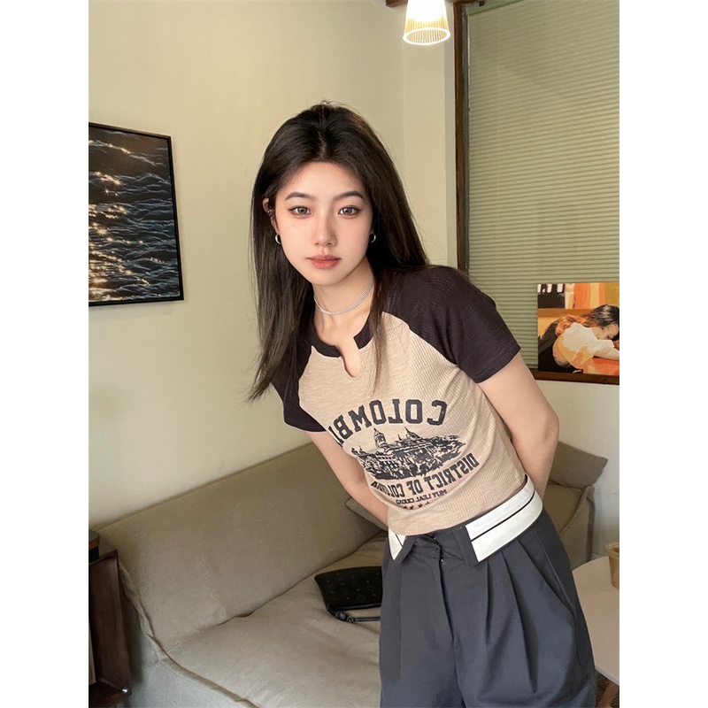 Áo Croptop Tay Ngắn Cổ Chữ V Thiết Kế Mỏng Quyến Rũ Thời Trang Theo Phong Cách Mỹ Cho