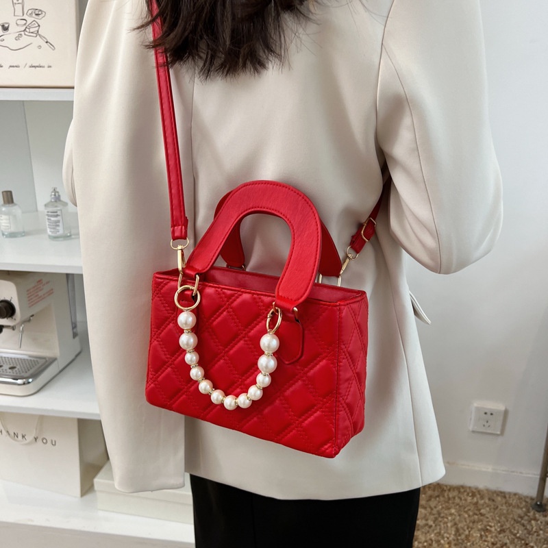 Túi Xách JASMIN NOIR Đeo Chéo Hộp Chần Bông Kẻ Sọc Đính Ngọc Trai Cho Nữ
