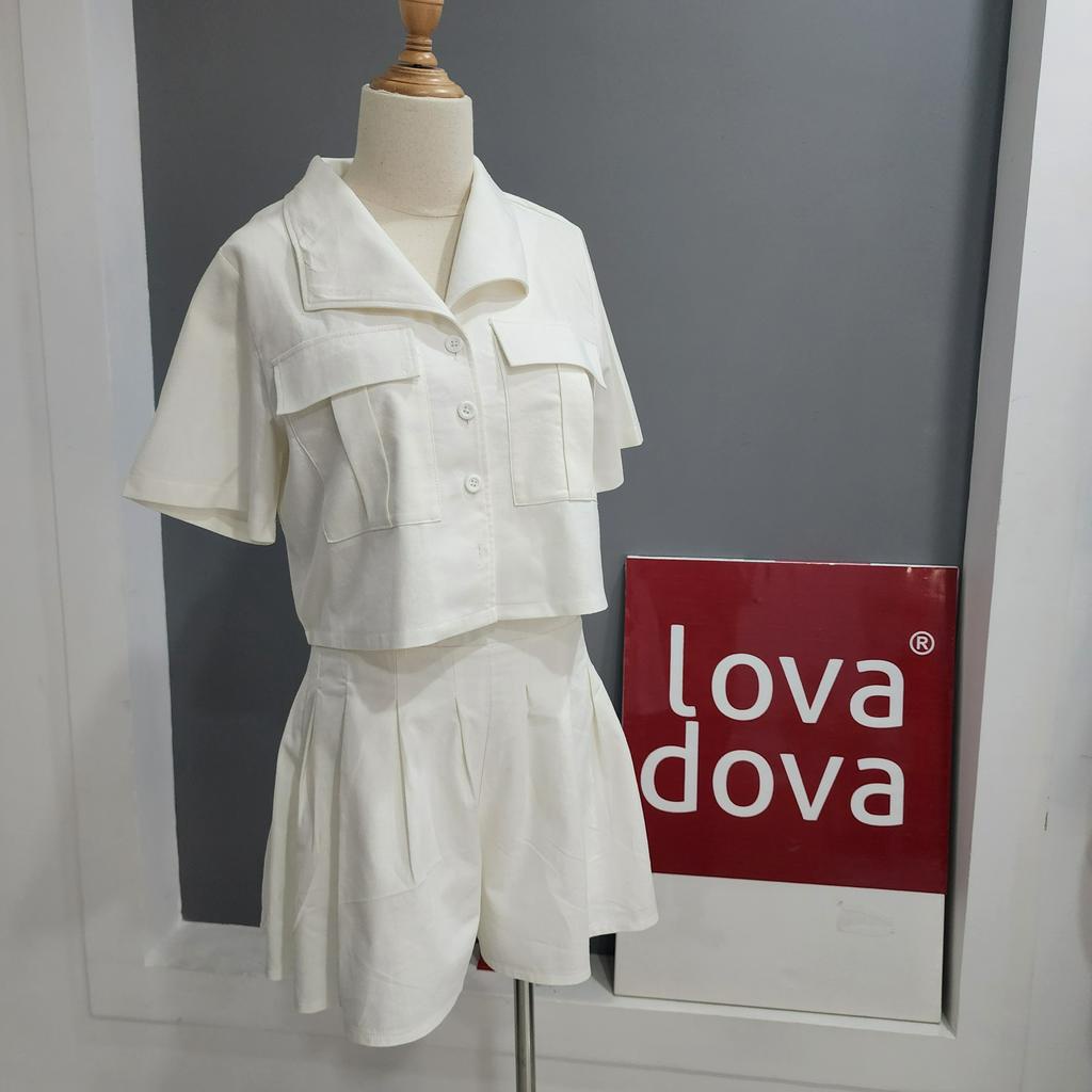 Set Đồ Nữ, Ngắn Tay, Cách Điệu Áo Vest, Quần Có Khóa Kéo Sau, Màu Xanh / Xám - Lovadova 22D04C002