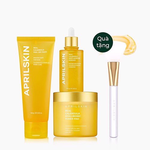 Aprilskin Set mặt nạ lột Real Calendula Peel Off Pack &amp; Peeling Pad &amp; tinh chất Moisture Essence + cọ Jelly