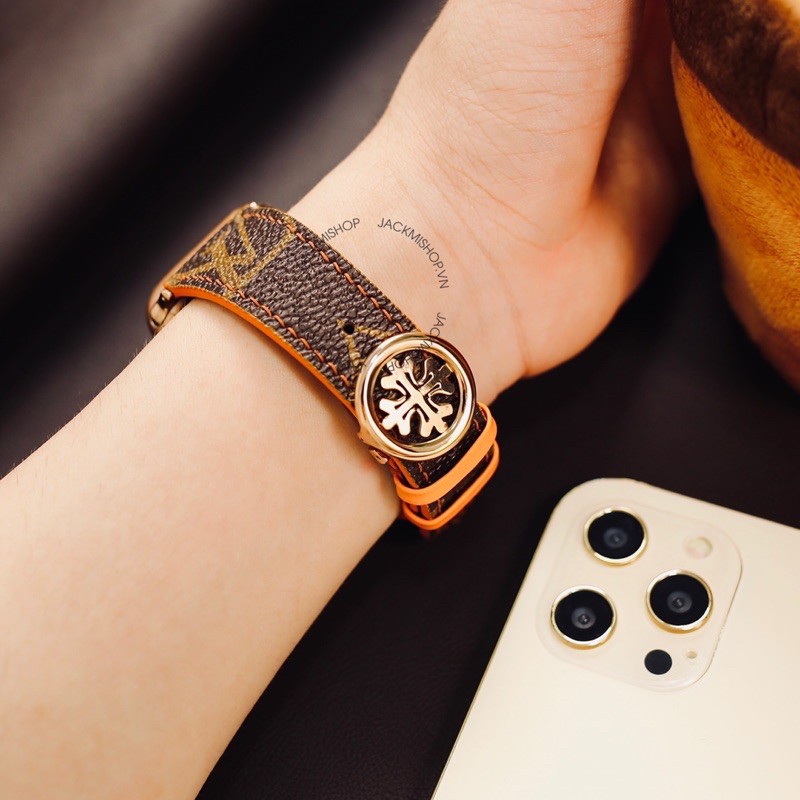 [BẢO HÀNH 1 NĂM] Dây Da LV Monogram may tay thủ công màu Nâu chỉ Cam khóa Patek cho Apple Watch series 1/2/3/4/5/6/7