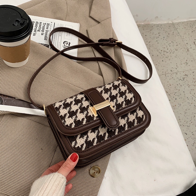 Túi đeo chéo hình vuông cỡ nhỏ họa tiết houndstooth đơn giản phong cách phương Tây sành điệu IELGY