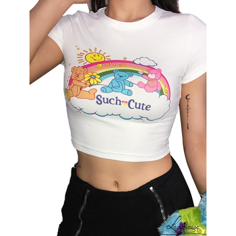 Áo Thun Tay Ngắn Dáng Ôm In Họa Tiết Gấu Màu Cầu Vồng Dễ Thương Thời Trang Mùa Hè Cho Nữ