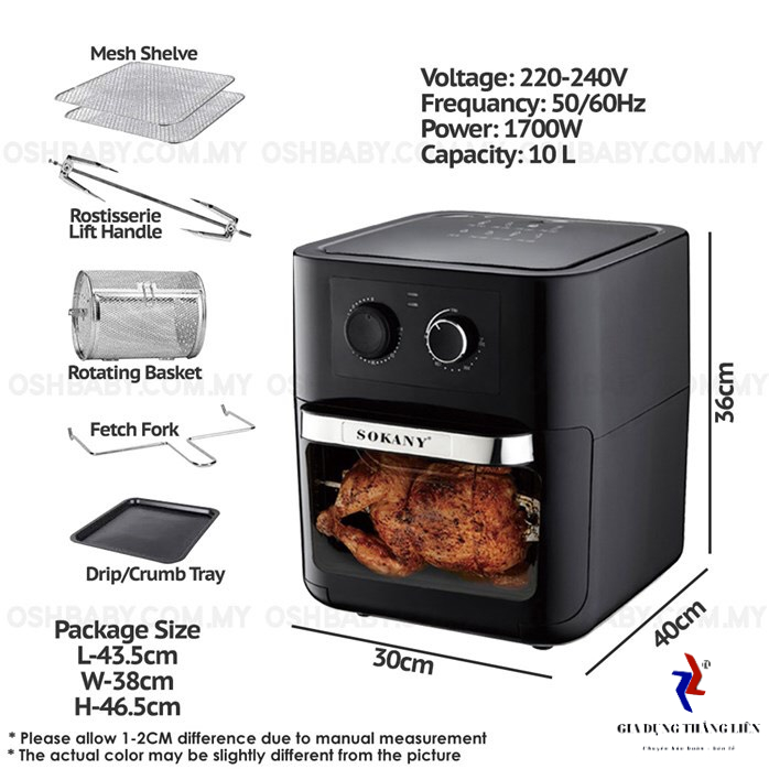 Nồi Chiên Không Dầu Sokany 10L Công Suất Lớn 1700W Với Công Nghệ Nướng Chân Không Bảo Hành 12 Tháng Hàng Chính Hãng