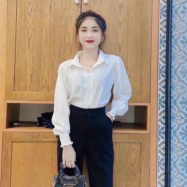 Áo sơ mi trắng nữ tay bo nhúm - Kiểu áo sơ mi nữ Form rộng cách điệu phù hợp đi chơi - đi học đi làm | Vitalita