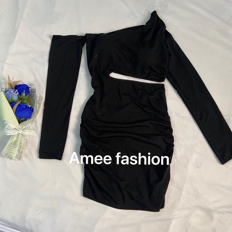 Váy đầm nữ body tay dài lệch vai khoét eo (có mút ngực) HT01 | BigBuy360 - bigbuy360.vn