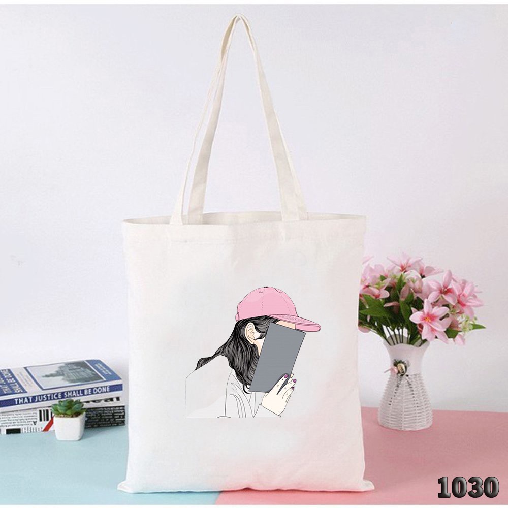 TÚI TOTE TRẮNG CHẤT VẢI CANVAS 515 1030 CÔ GÁI CHE MẶT DỄ THƯƠNG HÀNG CHUẨN ĐẸP