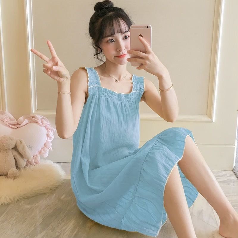 Váy ngủ 2 dây váy mặc ở nhà mùa hè mỏng dệt bông dễ thương ngọt ngào nơ phong cách Hàn | BigBuy360 - bigbuy360.vn