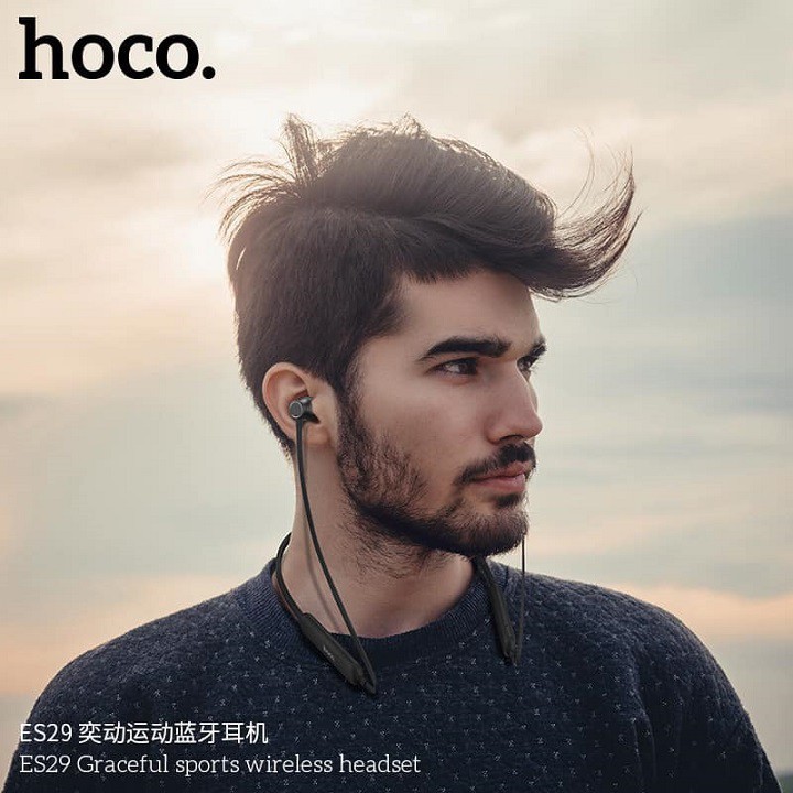 TAI NGHE BLUETOOTH THỂ THAO ES29 CHÍNH HÃNG HOCO NAM CHÂM DÍNH, CHỐNG NƯỚC CHUẨN IPX5 ĐEN