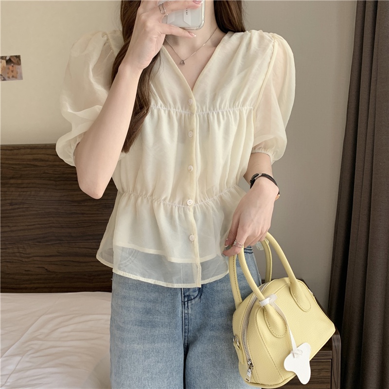Áo Sơ Mi Ngắn Tay Cổ v Ôm Eo Thời Trang Mùa Hè Phong Cách Phương Tây Mới Cho Nữ