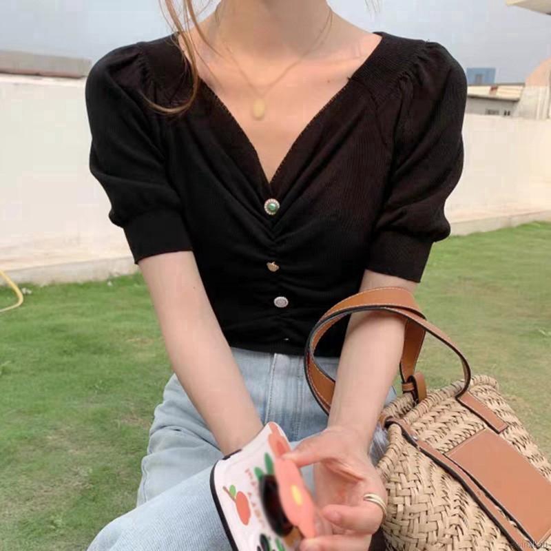 Áo Croptop Dệt Kim Tay Phồng Thiết Kế Cổ Chữ V Quyến Rũ