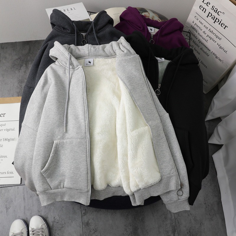 [Hàng có sẵn] Áo khoác nỉ hoodie trơn nữ lót lông khóa kéo có mũ dáng suông basic ulzzang unisex 3 màu HOT