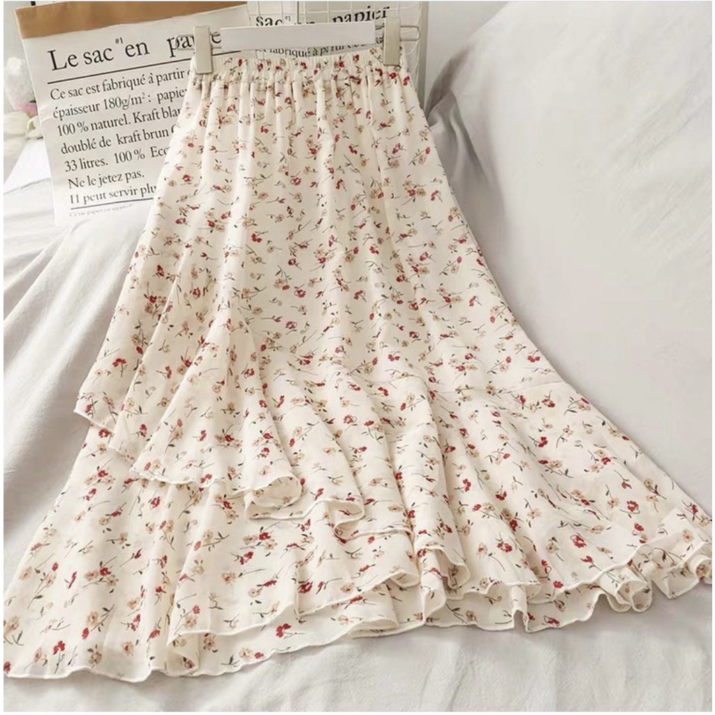 Chân váy dài hoa nhí A10 màu be chất liệu voan mềm mại, chân váy midi trendy rất dễ phối đồ , hàng chất lượng