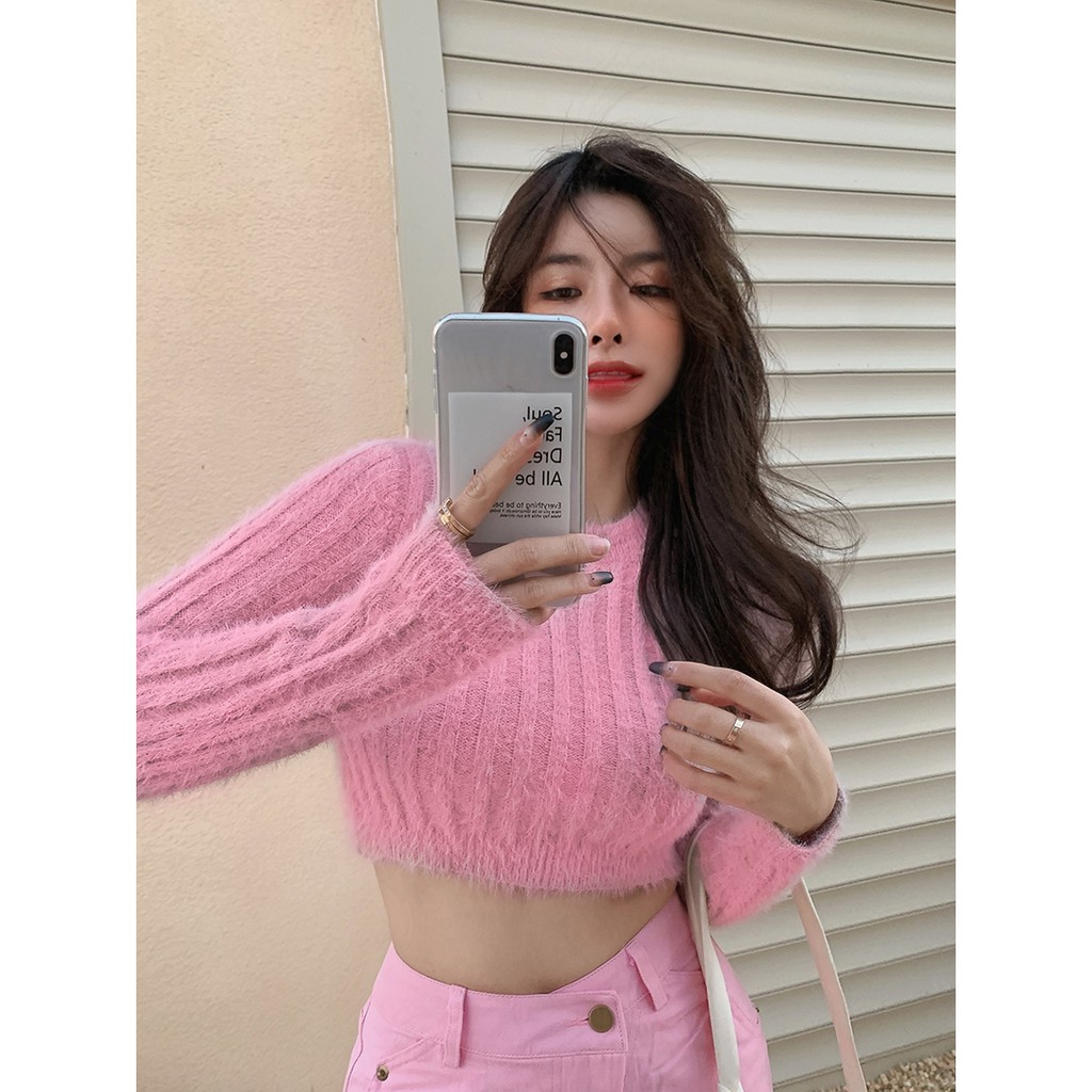 Áo len tay dài cổ tròn croptop ôm body hở bụng rốn ulzzang ( 4 màu )