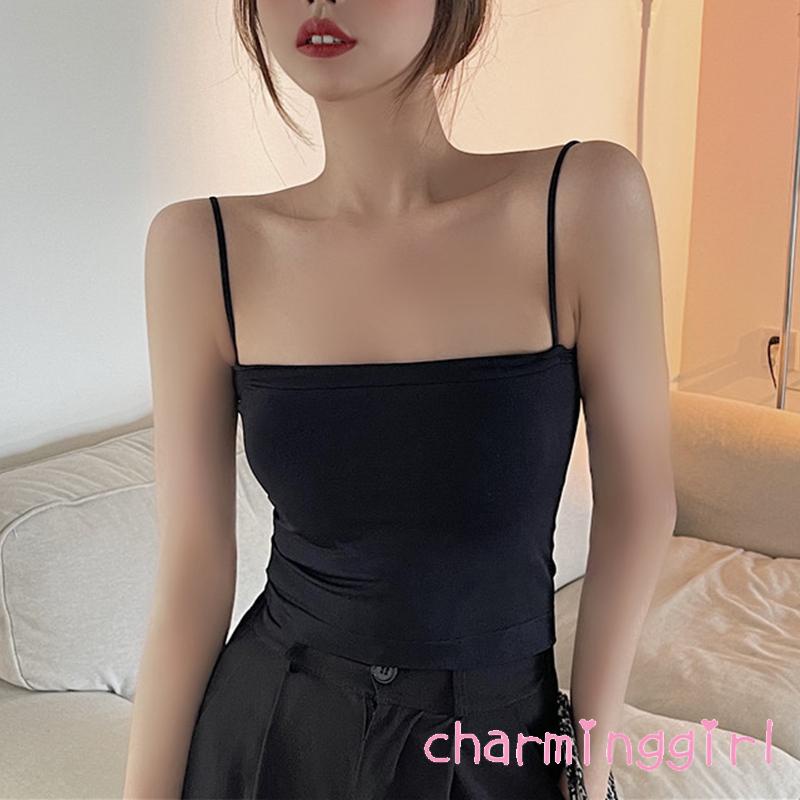 QAQ-Women´s Spaghetti Strap Cami Tops Sexy Sleeveless Built-in Padded Bra Solid Color Camisole
