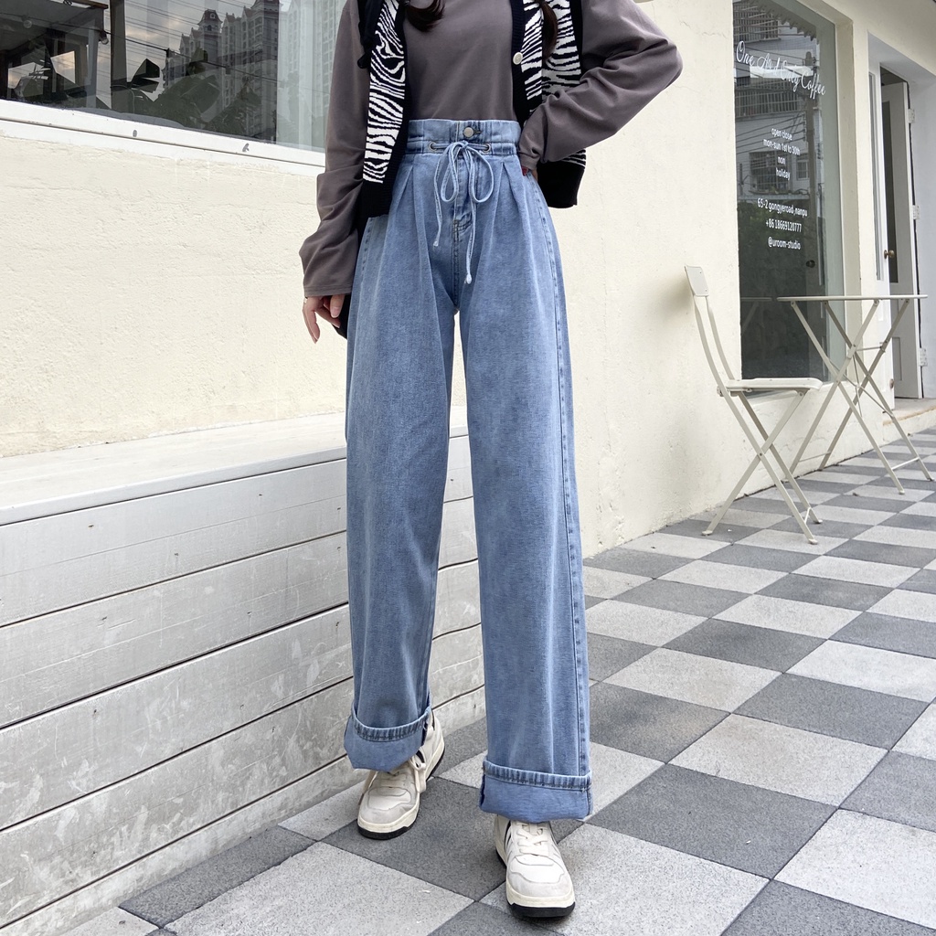 Quần jeans ống rộng lưng cao mỏng màu xanh dương cổ điển Mỹ thích hợp cho nữ