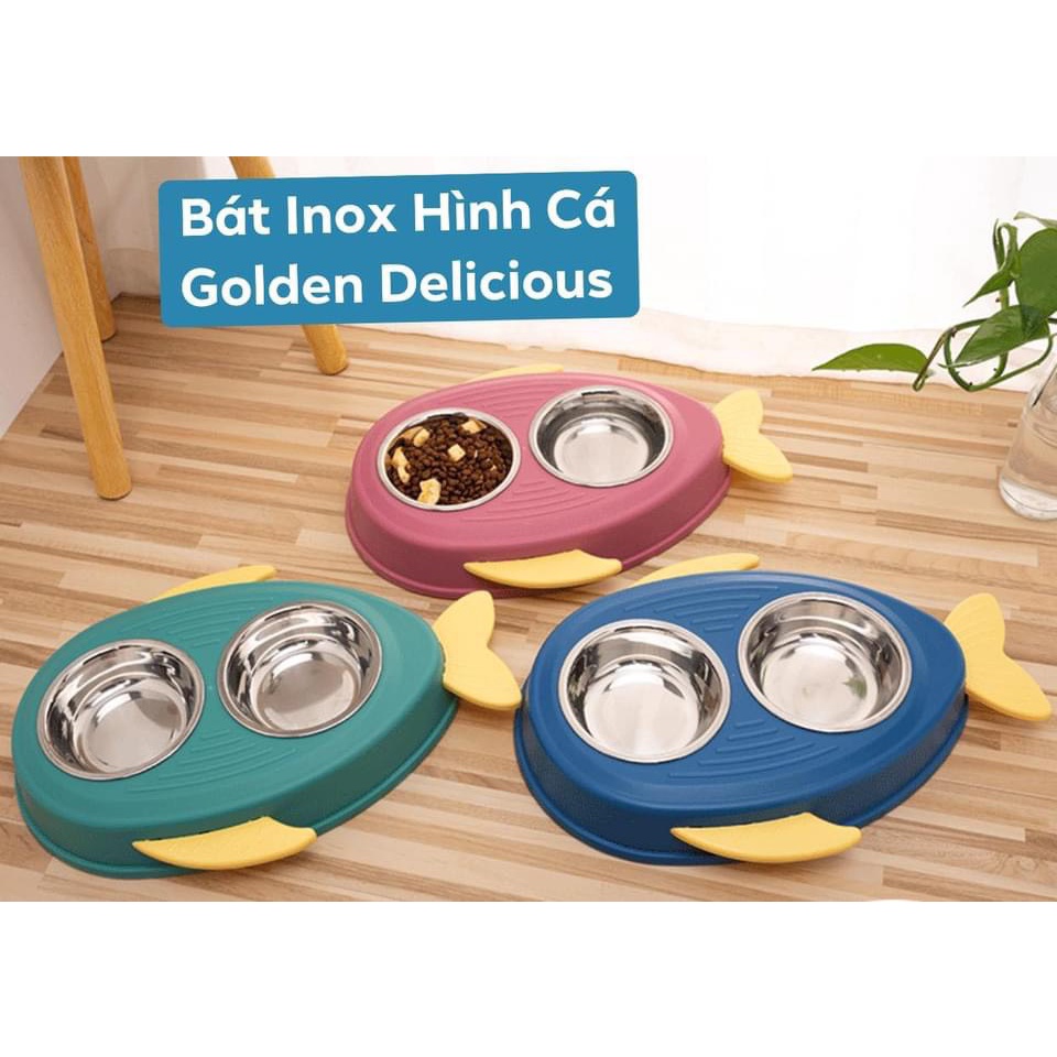 Bát Ăn 2 Ngăn Hình Con Cá Cho Mèo Chất Liệu Inox - Màu Sắc Đẹp Sang Trọng - Chất Liệu Cao Cấp - Kích Thước D 35 x R 23cm