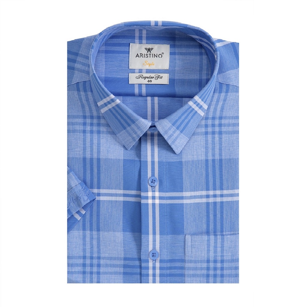 Áo Sơ Mi Nam Ngắn Tay ARISTINO ASS241S2 Somi Công Sở Cao Cấp Màu Xanh Kẻ Caro Trắng Vải Polyester Dáng Suông Có Túi