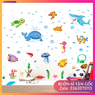 Tranh đề can dán tường cho bé cảnh đàn cá nhỏ ngộ nghĩnh, sticker decal dán tường cho bé các loài cá