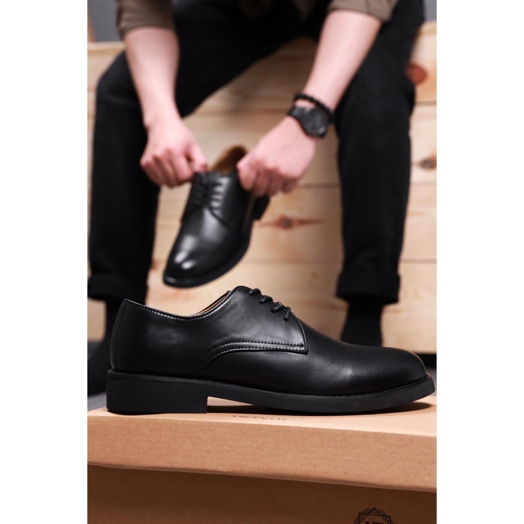 Giày da nam Derby Black LC01 da bò nappa - Lucas Shoes, dáng giày Tây công sở, đế cao su đúc, có lót chống tê mỏi