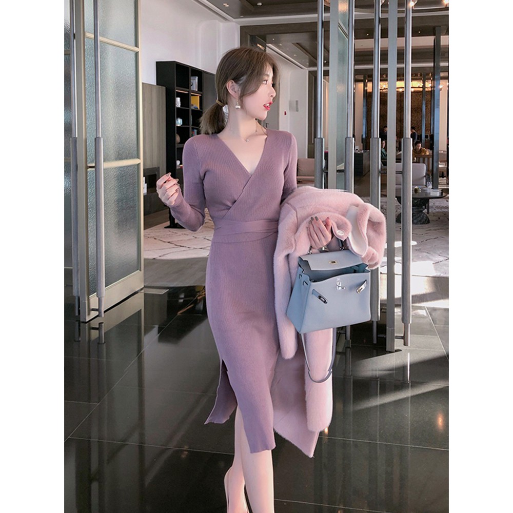 🎀Váy len cổ V ôm body xẻ tà ulzzang thu đông Quảng Châu QC67
