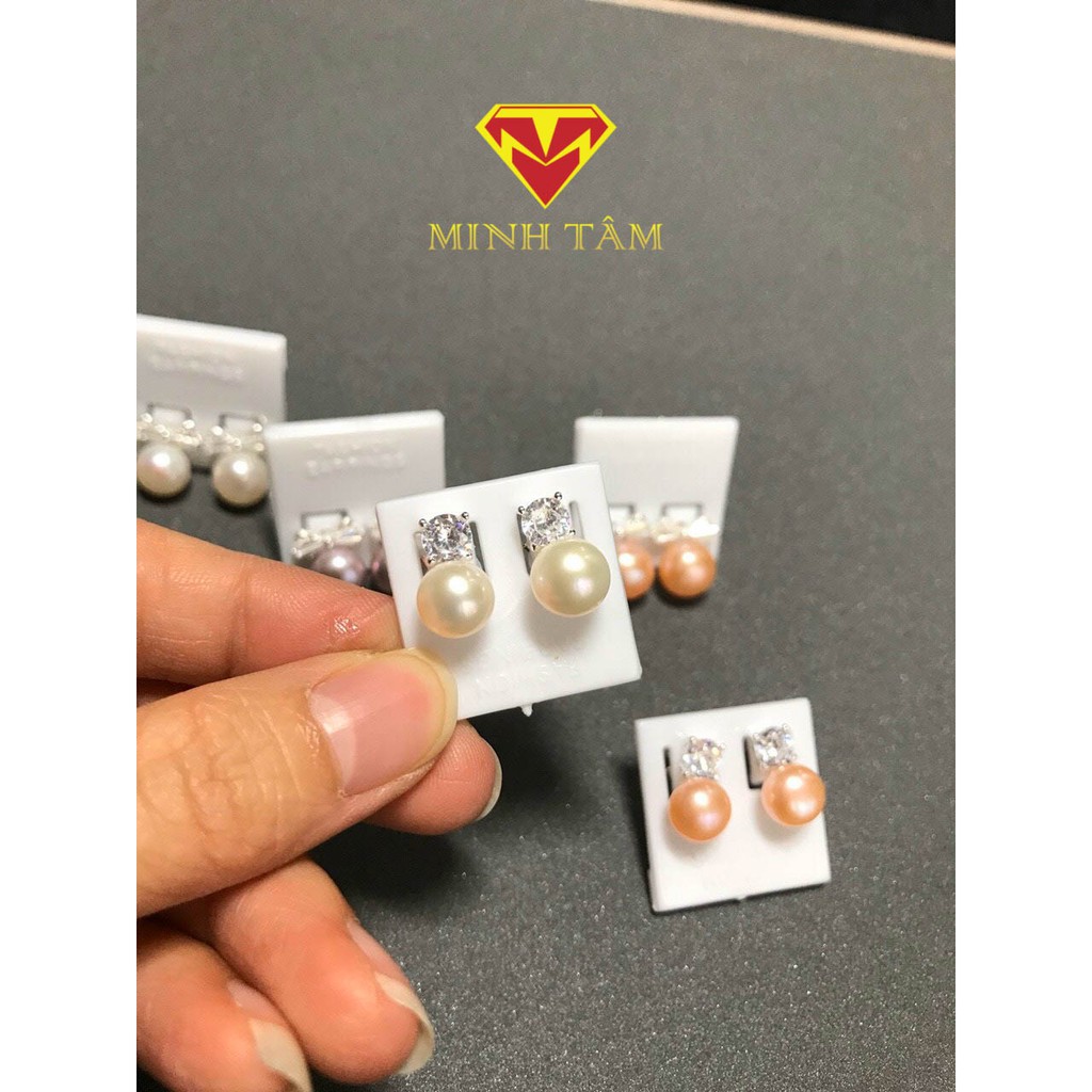 Bông tai bạc nụ đá Trai nuôi nước ngọt, Khuyên tai bạc Trai nuôi nước ngọt nụ gắn đá-Minh Tâm Jewelry