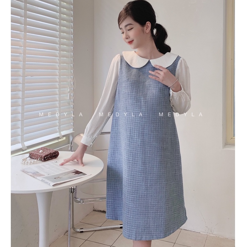 Đầm bầu dự tiệc thu đông xinh 2 lớp dạ tex lót lụa cho bầu đi chơi du lịch - Váy bầu thu đông thiết kế Medyla - VS862