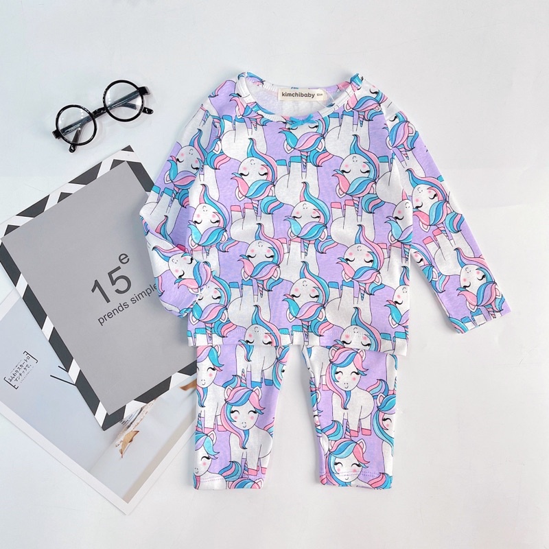 Đồ bộ thu đông bé gái KIMCHIBAEBY chất cotton borip co dãn 4c Quần áo dài tay cho bé 1 2 3 4 5 6 tuổi