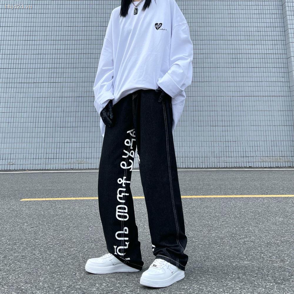 Quần jeans ống suông rộng in họa tiết chữ thời trang hip hop đường phố sành điệu dành cho nữ