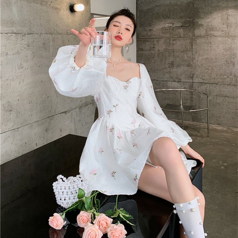 Đầm Tay Phồng Cổ Vuông Thời Trang Mùa Hè Phong Cách Retro Dễ Phối Đồ