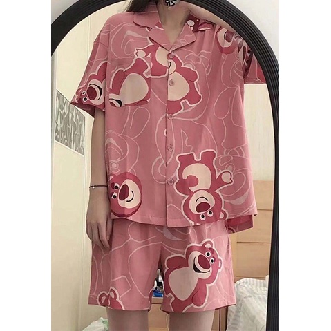 SUSQ1 Đồ bộ Pijama nam nữ ngủ mặc nhà gấu xanh trắng cộc tay cute Quần sooc đùi short ngắn áo cổ vest form rộng unisex
