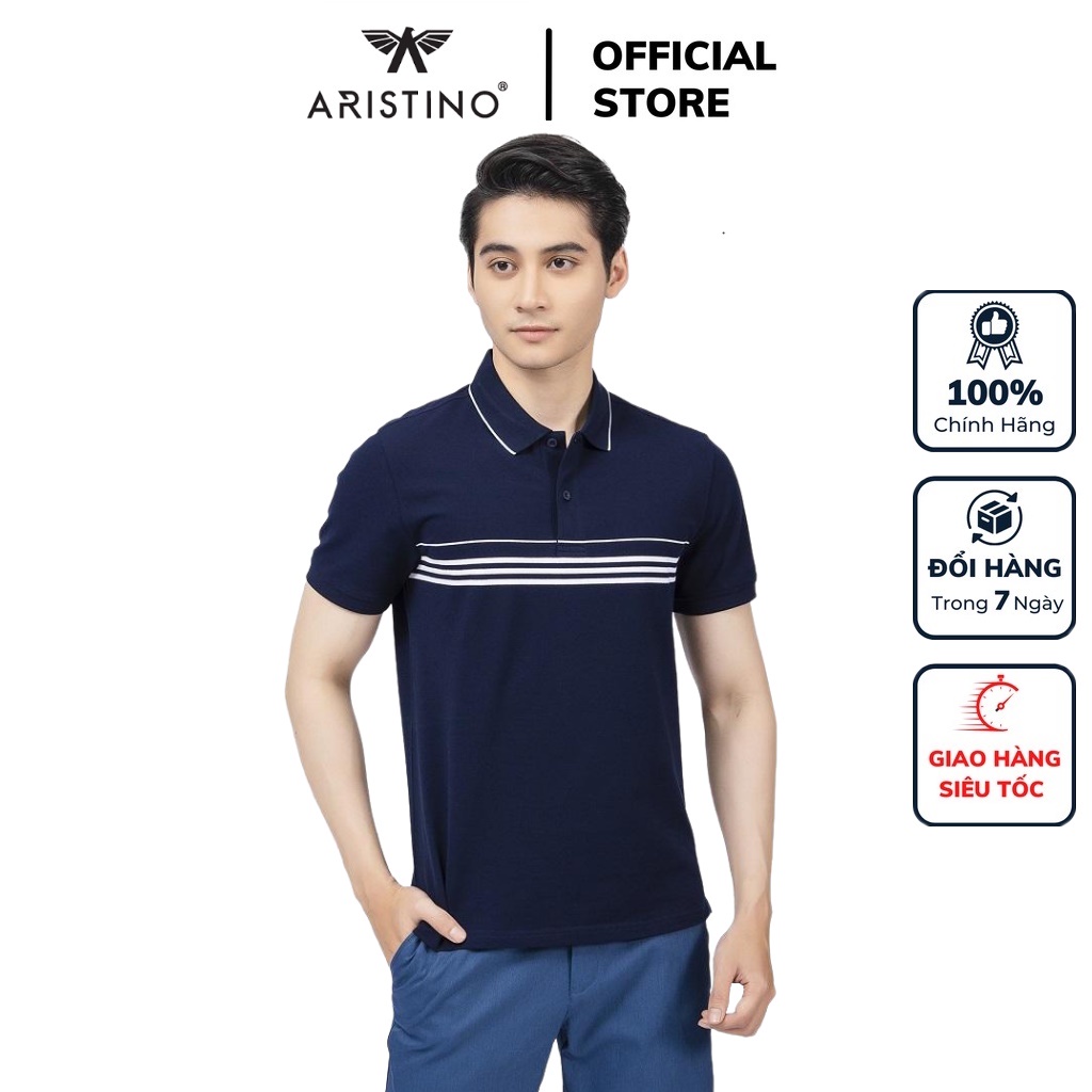 Áo thun polo nam Aristino APS125S2 phông ngắn tay có cổ bẻ dáng suông màu xanh than kẻ trắng vải cotton cao cấp mềm mại