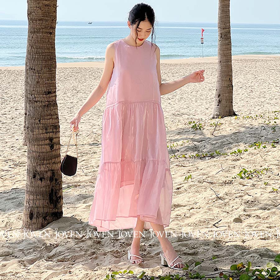 Đầm maxi tơ oganza nhũ ánh kim 2 lớp cao cấp