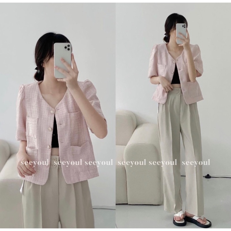 [Ảnh thật/Video]Áo dạ Hồng/Trắng cộc tay cúc ngọc sang chảnh