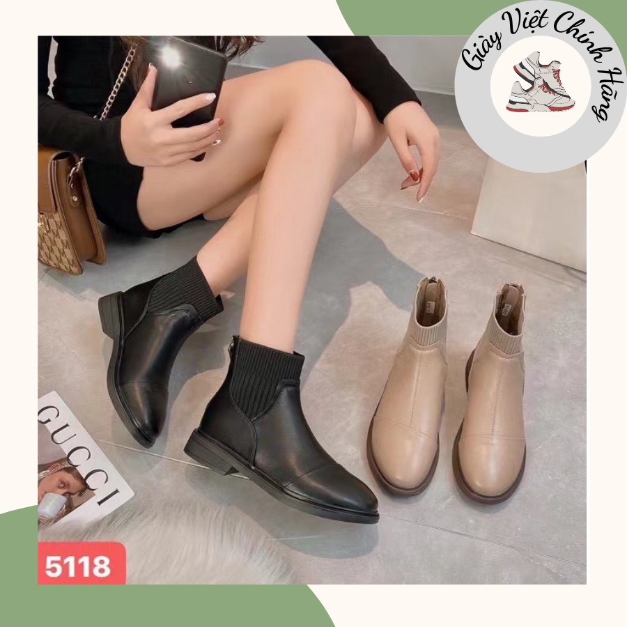 Giày bốt thời trang nữ QC ❤️FREESHIP❤️ Boots thấp cổ len co giãn da mềm mũi tròn đế 3cm S9012 - 5118C