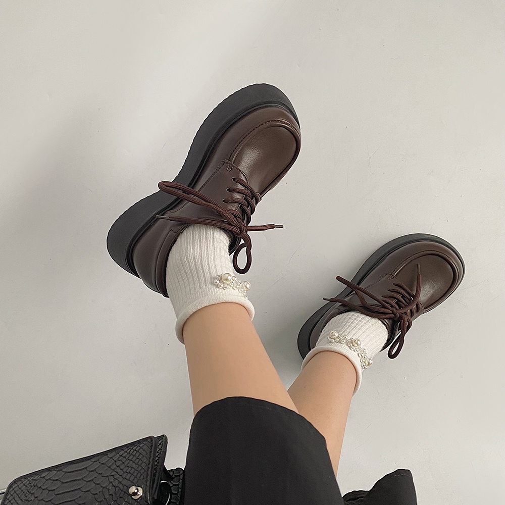 Giày Oxford Da Trơn Nữ Màu Đen Nâu Vintage GL02