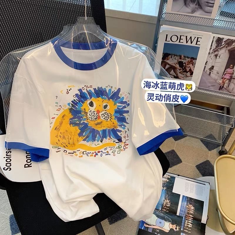 Áo Thun Ngắn Tay In Hoạt Hình Sư Tử Phối Màu Tương Phản Cá Tính Cho Nữ