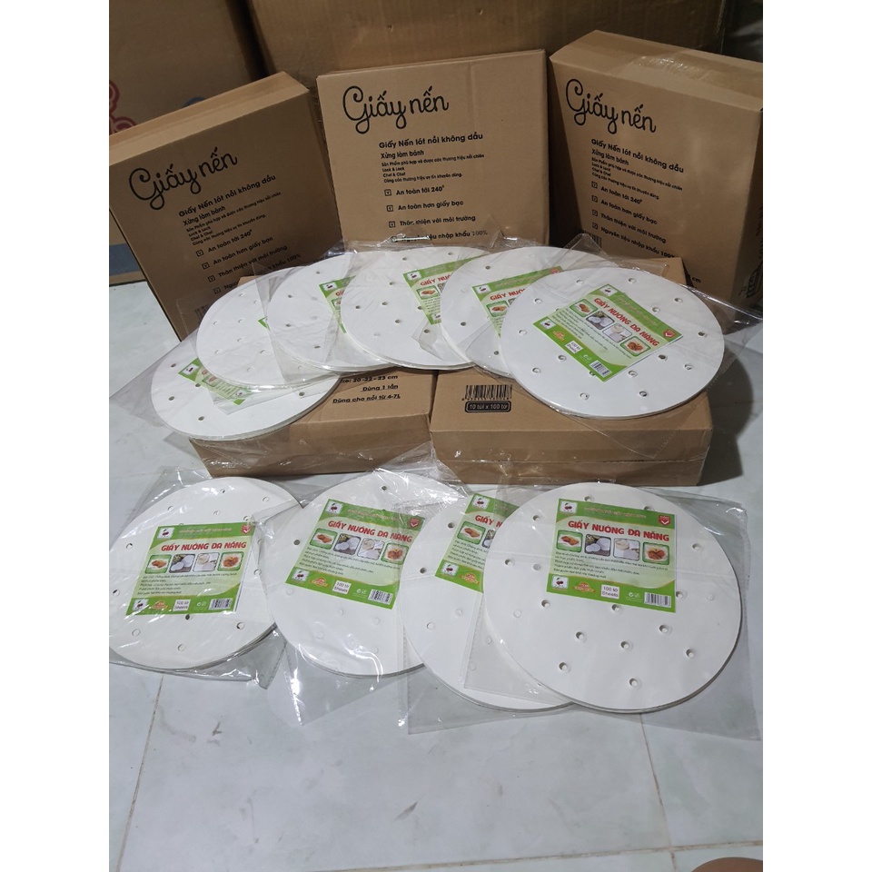 (Xấp 100 tờ) Giấy nến đục lỗ tròn cho nồi chiên không dầu/ nồi hấp đường kính 23cm