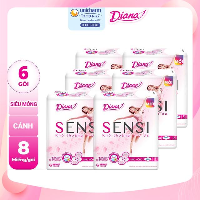 Bộ 6 gói băng vệ sinh diana sensi siêu mỏng cánh gói 8 miếng,băng vệ sinh diana sensi smc dành cho phụ nữ 1 g