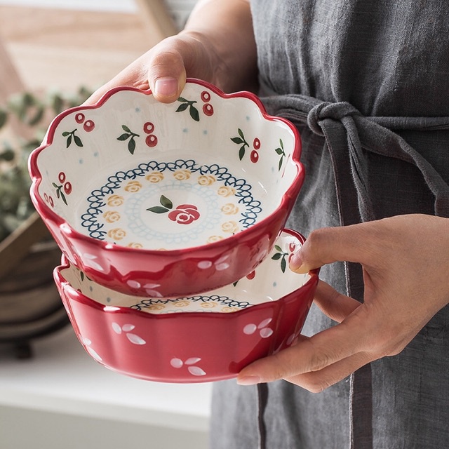 Bát sứ tròn miệng lượn hoạ tiết cherry sang chảnh phong cách Bắc Âu, bát đĩa Cherry hoa hồng hàng cao cấp
