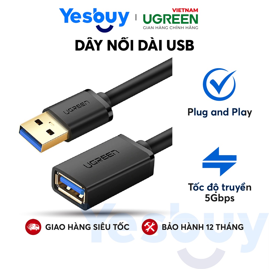 Dây nối dài USB 3.0 mạ vàng dài từ 1-3m UGREEN US129 dây dạng dẹt và tròn