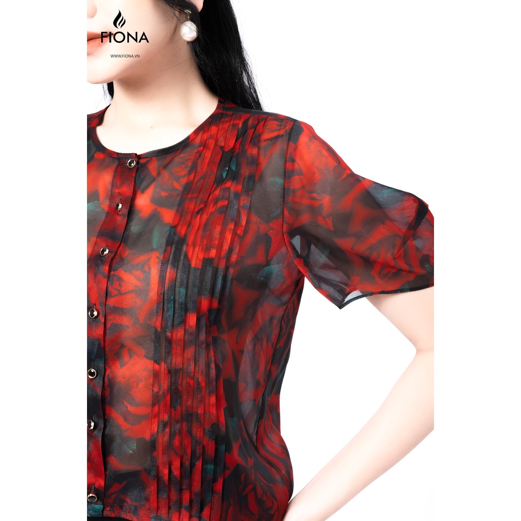 Áo Sơmi cổ tròn Fiona, Sơ mi dáng croptop tay phồng, bấu ly 2 bên ngực F551190